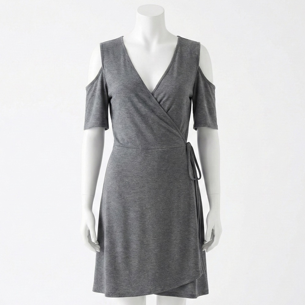 Charming Charlie Gray Cold Shoulder Wrap Dress Minimalist Neutral Mini Size L